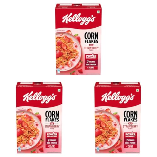 Image of Kellogg's Corn Flakes with Real Strawberry Pure | High in Iron, Vitamins B1, B2, B3, B6, C | Corn Flakes, Breakfast Cereal | Naturally Cholestrol Free, 300g / 345g (Weight May Vary) (Pack of 3)