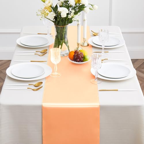Counfeisly 12pcs Peach Satin Table Runners 12" x 108", Elegant and Smooth Silky Fabric Table Decor for Wedding Banquet Birthday Decoration by Counfeisly - Used condition - Image 2