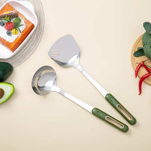FJNATINH Spatula and Ladle Set - 2 Wok Tools - Universal Ladle and Spatula - Stainless Steel Cooking Utensils and Accessories, 13\"-14\", Green Handle - Thumbnail 3