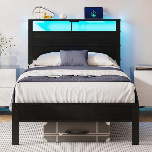 Image of Twin Size Bed Frame with LED Lights and USB Charging Station | Black Metal Platform Bed with Storage Headboard, Noise Free, No Box Spring Needed, Easy Assembly