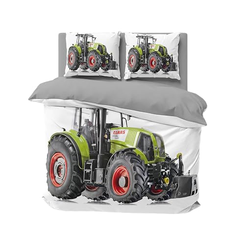 3D Bettwäsche Grüner Traktor Bettbezug-Set Bauer 135x200 + Kissenbezug 80x80 cm Trecker Wendebettwäsche 2 Teilig Grün Weiß Grau mit Reißveschluss