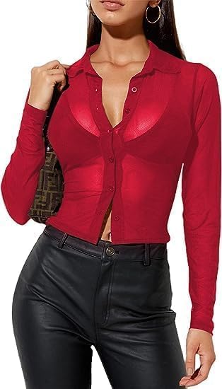 Remidoo Women's Sexy Sheer Mesh Button Down Long Sleeve Crop Top Blouse Shirt