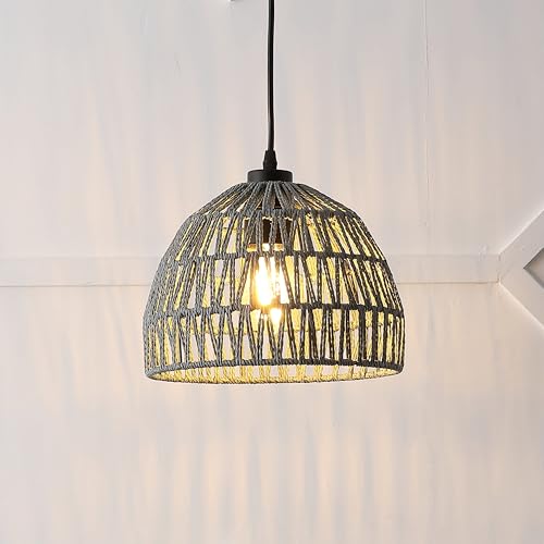 Image of JONATHAN Y 10.25 inch Gray Modern Bohemian Woven Rope LED Pendant Light Fixture, Adjustable Dome Ceiling Lamp for Kitchen Island, Rope Shade, Coastal Farmhouse Decor (JYL6513D)