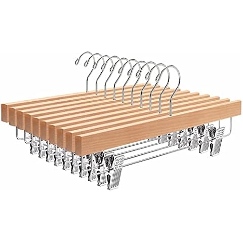 Amber Home 10 Pack Natural Wooden Pants Hangers with Clips, Wood Skirt Hangers Trouser Hangers for Jeans, Slacks, Shorts with 2-Adjustable Clips Cover