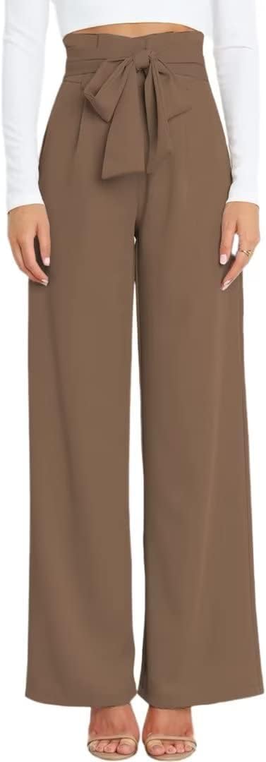 Womens High Waist Wide Leg Pants Elastic Waistband Belly Control Office Pants with Pockets for Work Casual