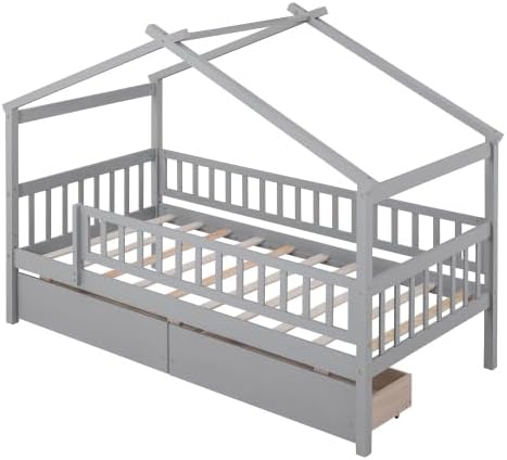 Miniatura 4 de Bellemave Cama de casa de tamaño individual con valla y 2 cajones, marco de cama Montessori de madera para niños con barandillas para niñas y niños