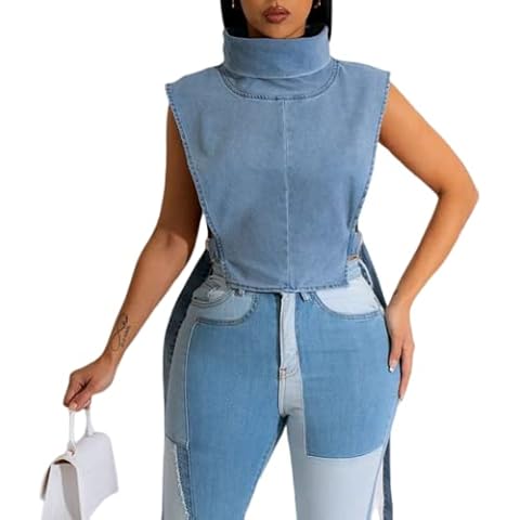 Novaorily Women 2023 Summer Fashion Causal Distressed Denim Vest Lace Up Crop Tops Relax Fit Light Jean Vest Jacket Cover