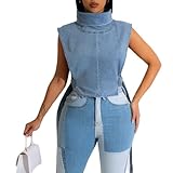 Novaorily Women 2023 Summer Fashion Causal Distressed Denim Vest Lace Up Crop Tops Relax Fit Light Jean Vest Jacket