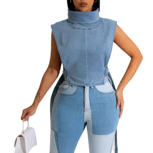 Women 2023 Summer Fashion Causal Distressed Denim Vest Lace Up Crop Tops Relax Fit Light Jean Vest Jacket