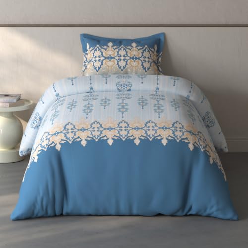 Image of Spaces Fiora Ornate Single Bedsheet with 1 Pillow Covers | 100% Cotton Bed Sheet | Percale Bedding Set | Super Soft & Breathable Bedsheet | Light Blue | 152 x 228 Cm