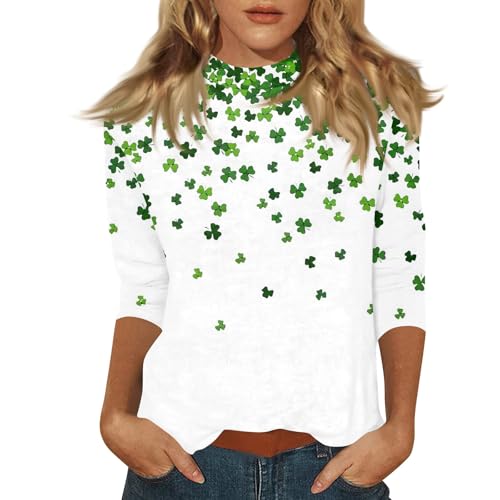St. Patrick's Day Women's T-Shirt Work Office 3/4 Sleeve St Patricks Day Work Shirts for Women Office Shamrock Graphic Mock Neck Tops Workout Gym 3/4 Length Sleeve Bohemian 70S Outfits White L