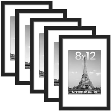 upsimples 8x12 Picture Frame Set of 5, Display Pictures 6x8 with Mat or 8x12 Without Mat, Wall Gallery Photo Frames, Black