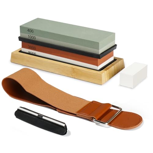 Romon Set Affilacoltelli 4 Pietre Professionali con Base Bambù e Cuoio per Affilatura Completa