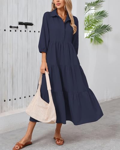 Women Button Down Maxi Shirt Dress Long Sleeve Flowy Tiered Collared Dresses with Pockets2