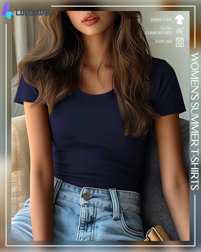 5 Pack Women's Scoop Neck Short Sleeve Shirts Fitted Tops Bulk Casual Basic Stretchy Tight Summer Multipack Tees2