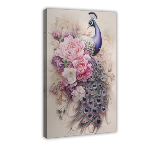 Toile vintage paon grand format pour embellir un mur de bureau