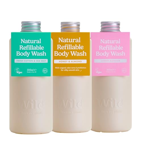 Wild - Jabón Líquido Recargable Natural 300ml - Pack de 3 Recambios de Gel de Ducha en Varias Esencias - Incluye las Esencias Honey & Almond, Fresh Cotton & Sea Salt y Cherry Blossom