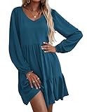 HOTOUCH Women's Casual Tunic Dress V Neck Tiered Dress with Pockets Women Babydoll Dress Long Sleeve Ruffled Dress Cotton Fall Dresses Dark Blue Large