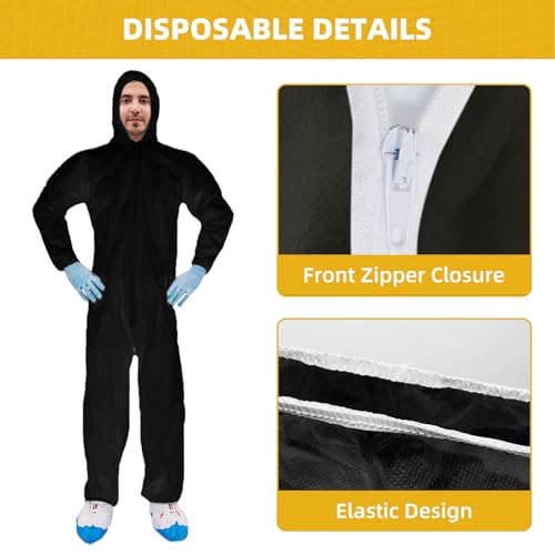 RAYGARD Colorful Hazmat Suits Disposable, PP Protective Paint Suit for Men with Hood and Elastic Cuffs (Black, X-Large)