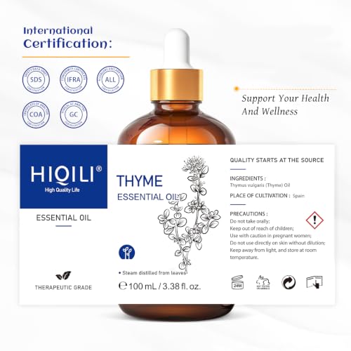 Image of HIQILI Thyme Essential Oil for Skin Flare Care, DIY Spray, Diffuser | With 10ml Travel Dropper Bottle, Aromatherapy Diffuser, Hair, Skin Care & DIY Fragrance - 100ml / 3.38 Fl Oz