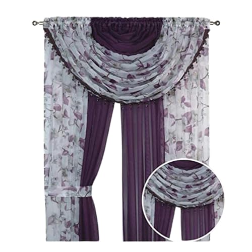 Sapphire Home Sheer Curtains - Two Tone 4 Panels Set w/Valance & Tiebacks, 55"x63", Lightweight Light-Filtering Window Curtain for Living Room, Bedroom, Kitchen, Dining Room - Floral Purple/Lilac