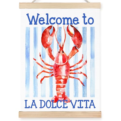 Image of PQKIY Summer Coastal Red Lobster Wall Art Poster Hanger Frame 12x16 in, Watercolor Nautical Beach Seafood Blue Striped Aesthetic Wall Decor Canvas Prints for Home Kitchen Dining Room Party
