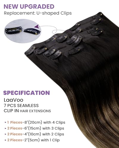 Image of LaaVoo Seamless Human Hair Clip in Extensions Ombre Black Seamless Clip in Hair Extensions Human Hair Invisible Hair Extensions Clip ins Black Ombre Brown Balayage Blonde 22 Inch 140g 7pcs