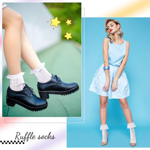 6 Pairs Women's Crew Socks - Black & White Ruffle Frilly Ankle Socks - Breathable Cotton - Regular4