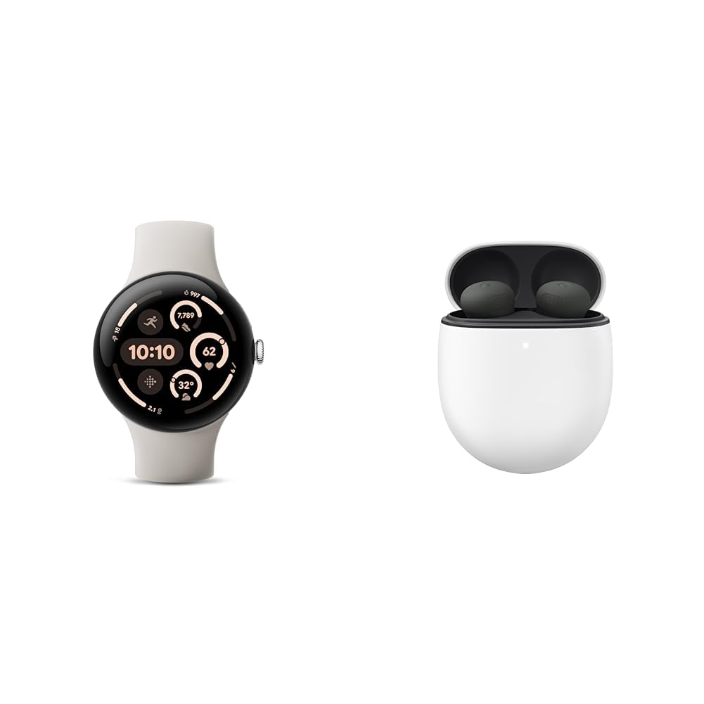 Google Bundle - Pixel Watch 3 (Polished Silver Aluminum Case - Porcelain Band - 45mm LTE) &amp; Pixel Buds Pro 2 Earbuds (Hazel)