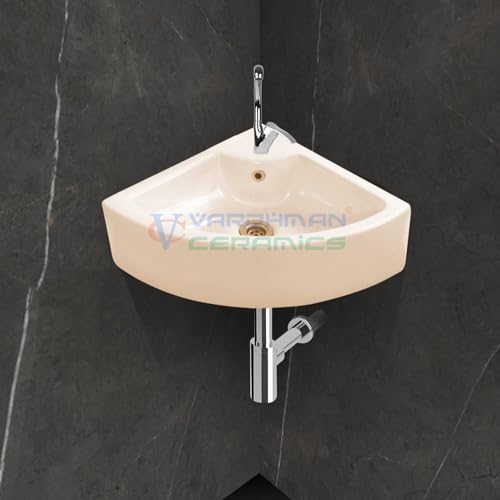 Image of Corner Wash Basin Wall Hung Mounted cum Table Top Glossy Finish Ivory Color Sink for Bathroom Washroom Toilet Living Room Dining Kitchen (16 x 16 x 6 Inch - Ivory)