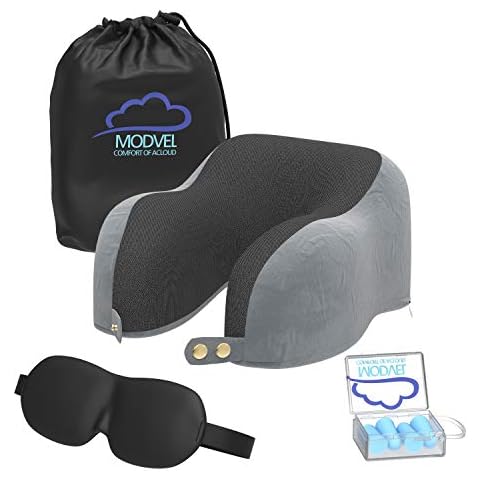 Modvel Neck Support Pillow Memory Foam Travel Cushion for Airplane and Car Trips, Comfortable and Soft, Compact and Easy to Carry - with Ear Plugs and Night Mask (MV-133), Grey Cover