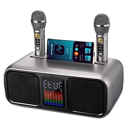 GJCrafts Karaoké Machine Bluetooth avec 2 Microphone Sans Fil, Haut-Parleur de Karaoké Enfant avec Ecran Tactile, Lumière LED，Support de Téléphone, Karaoké Professionnel Sono avec/USB/TF/AU(Argent)