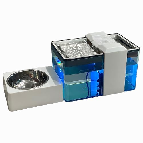 YUSMOO Automatic Cat Water Fountain with Food Bowl – 2.2L/74oz 2-in-1 Pet Water Dispenser & 304 Stainless Steel Bowl, Ultra-Quiet, LED Indicator, BPA-Free, Smart Shut-Off for Cats and Dogs