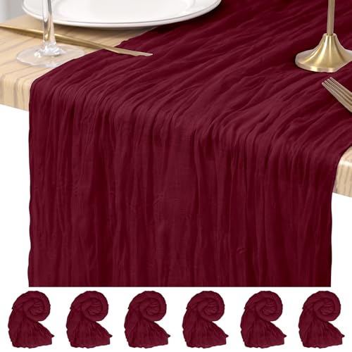 Lot de 6 Chemins de Table en Étamine, Chemin de Table Bohème en Gaze de 45 x 275 cm, Tissu Rustique en Gaze pour Mariages Festivals Remises de Diplôme Dîners Fêtes en Plein Air (Bourgogne)