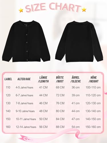 Soudittur Strickjacke Mädchen Basic Kinder Cardigan Lange Ärmel Baumwollstrickpullover Schuluniform mit Knöpfen 140 (DE/NL/SE/PL, Alter, 8 Jahre, 9 Jahre, Regular, Schwarz)