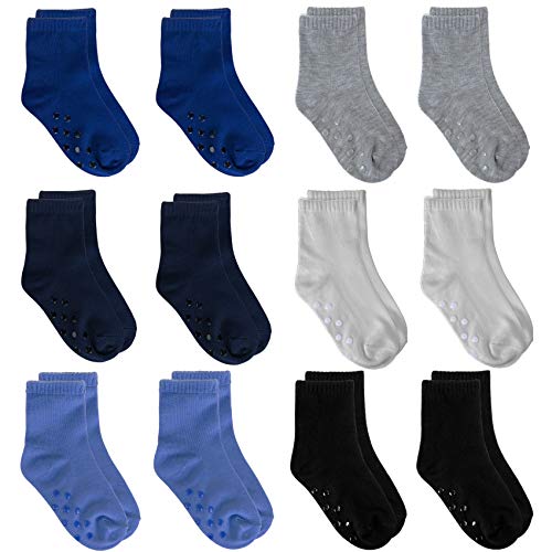 Tenpluszero 12 Pairs Non Slip Toddler Socks Crew Socks with Grips for Baby Boys Girls (Multicolor A, 1T/2T)