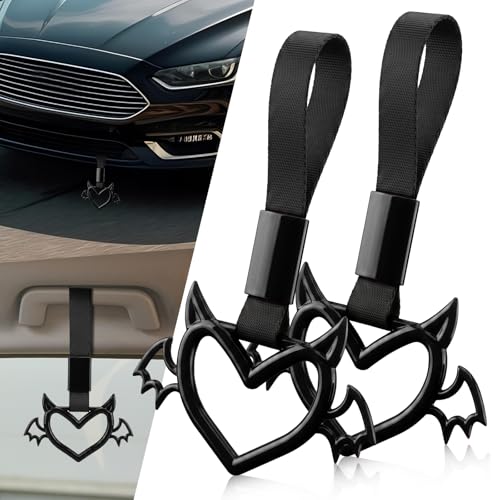 Image of 2 Pcs Devil Heart Shaped Car Handle Strap - JD M Drift Charm Rear Bumper Warning Ring Decor for Car Interior Exterior, Subway Bus Handle Accessory, Cute Heart Car Decor Gift (Black-Wing)