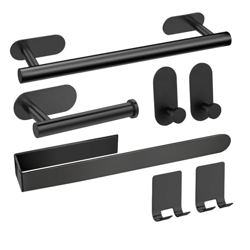 HOMMEY- Toalleros de Baño sin Taladro - Toallero Adhesivo de Baño- Toallero 40cm + 3 Accesorios Baño - Acero Inoxidable 304 - Adhesivo Ultrafuerte- Set 4 Piezas Accesorios Baño (Negro Mate 7 Unidades)
