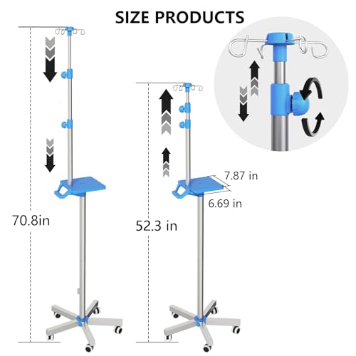 Rolling IV-Ständer mit Tablett – Edelstahl-IV-Ständer mit 4 Haken, Rädern und höhenverstellbarer Konstruktion für Kliniken und zu Hause
