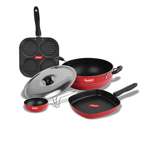 Image of Sumeet 2.6mm Thick Non-Stick Ruz Cookware set (Mini Multi Snack Maker - 19.5cm Dia + Kadhai with Lid - 1.5Ltr capacity- 20cm Dia + Grill Pan - 1.1Ltr Capacity - 22cm Dia + Tadka pan - 10cm Dia)