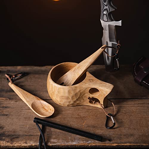 Gcs Handmade Kuksa Wood Camp Mug With Fork And Spoon Lightweight & Eco-Friendly Traditional Handcrafted Wooden Cup With Natural Chestnut Bushcraft Or Camping Leather Lanyard #TOP6
