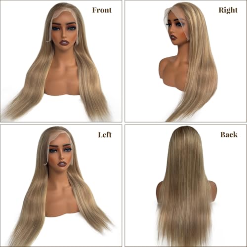 Image of 20 Inch Ombre Lace Front Wig Human Hair #8T18 /60 Ash Brown to Blonde HD Lace Front Wigs Human Hair Pre Plucked Glueless 180% Density Balayage Highlights 13x6 Straight Lace Frontal Wigs for Women
