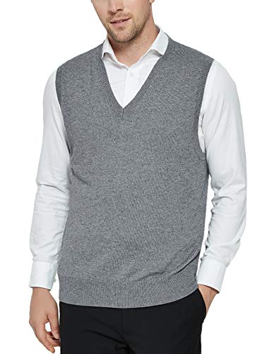 Kallspin Men's Cashmere Wool Blend Relax Fit V Neck Vest Sweater Knit Sleeveless Pullover, (X-Large, Light Grey)