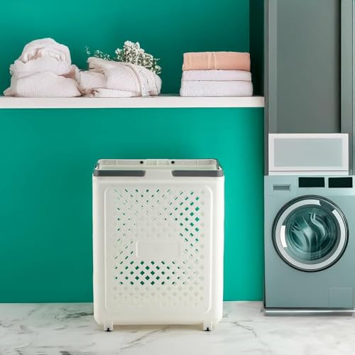 Image of Large Foldable Laundry Basket with Wheels, Collapsible Plastic Laundry Hamper with Handles - Ventilated Rolling Clothes Storage Basket, Space Saving Laundry Organizer for Bedroom, Bathroom and Dorm