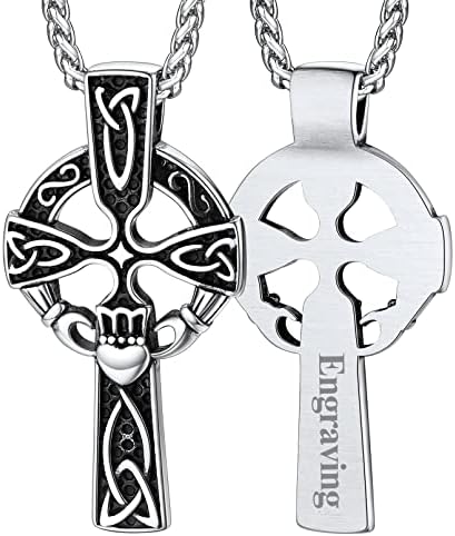FaithHeart Irish Claddagh Necklace Vintage Celtic Trinity Knot Cross Pendant Stainless Steel/Gold/Black Plated Friendship JewelleryWith Gift Box)