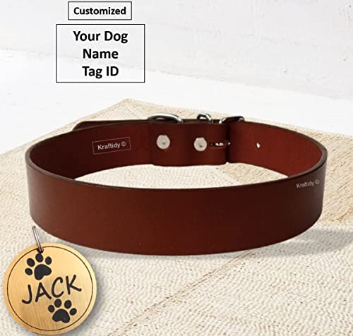 Image of Leather Dog Collar Belt with Name tag id Customized for Large Medium Small Dogs Neck Collar with Personalized Dog Name (Leather) (Large Dogs)