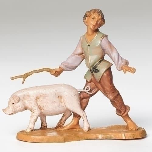 Clement Boy with Pig Italian Nativity Villager Figurine Italy by Fontanini – 5" Scale, Polymer, White, Brown, Green, Model 54088