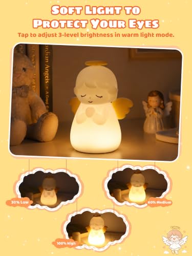 Image of Ammonite White Angel Night Light, Soft Silicone Nursery Lamp with RGB 30-Minute Timer, Touch Control Nightlight for Bedroom Decor, Christening Baptism Gifts Christmas Birthday Gift