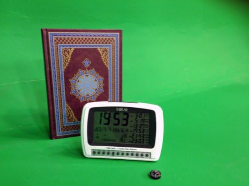 MIRAC Mirac-1500 Digital Azan Alarm Clock with a small compass next to it, and a decorative book in the background.