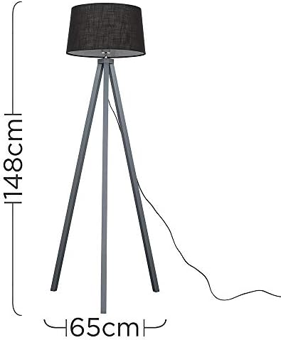MiniSun Modern Grey Wood Tripod Floor Lamp with a Black Faux Linen Tapered Shade - Complete with a 6w LED Bulb [3000K Warm White]